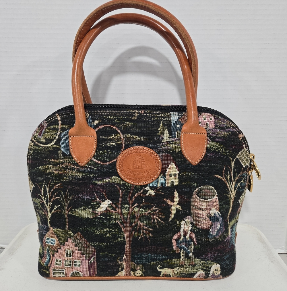 VTG 80s Belgian Art Tapestry Renaissance Village Satchel Bag Charms European